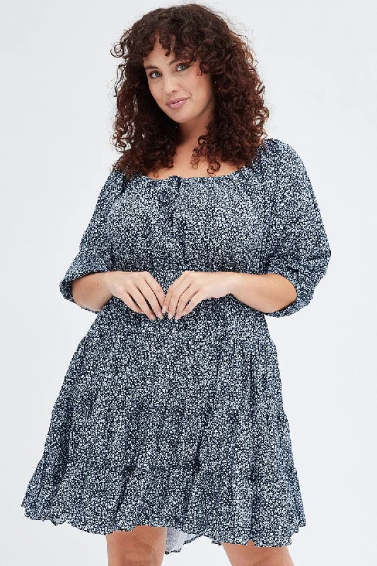 Price Fest Blue Ditsy Scoop Tiered Dress 3/4 Sleeve Gather Bust