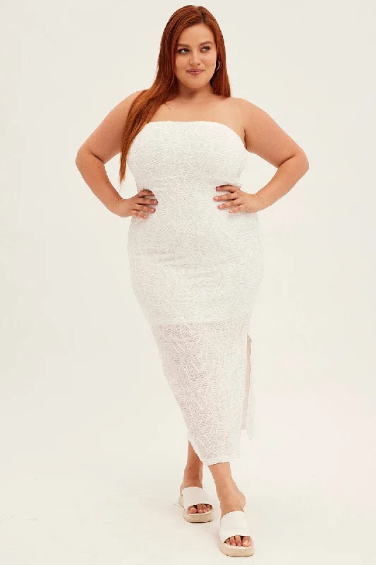 Massive Deals White Bodycon Dress Strapless Midi Textured