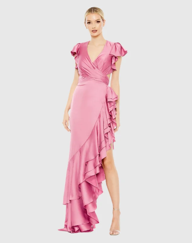Don't Miss Pink Flutter Sleeve Cut Out Asymmetrical Ruffled Gown