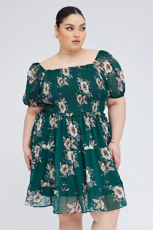 Huge Discounts Green Floral Fit And Flare Dress Short Sleeve Shirred