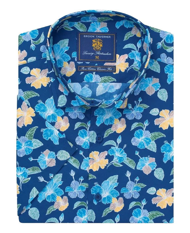 Discount Mania Flower Print Short Sleeve Shirt - Blue