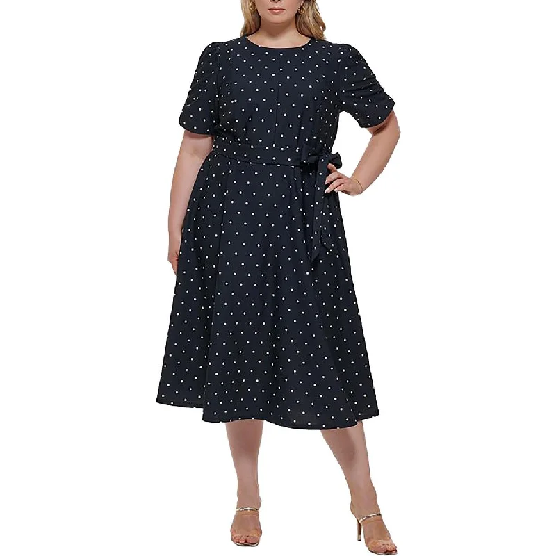 Price Buster Plus Womens Polka Dot Belted Fit & Flare Dress
