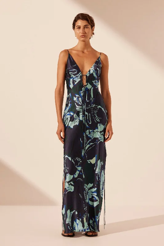 New Deals FRANCO SILK PLUNGED SLIP TIE MAXI DRESS