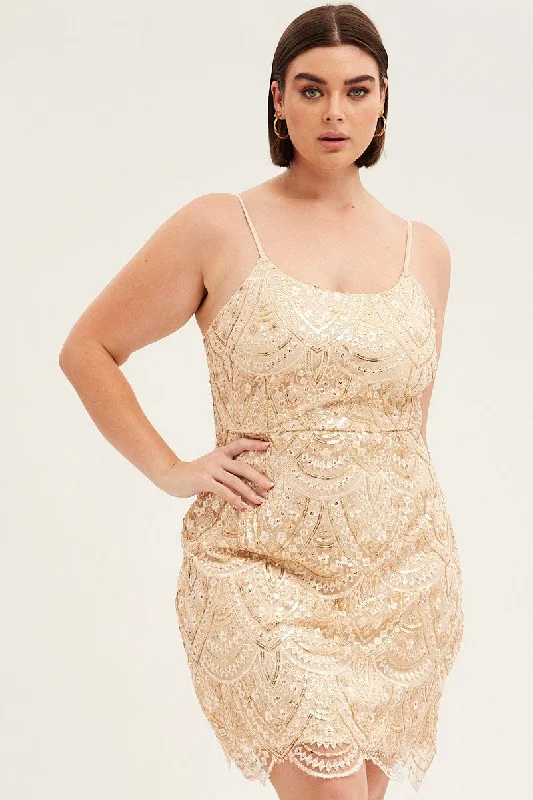 Massive Deals Gold Mini Dress Shoestring Strap Scalloped Hem Sequin