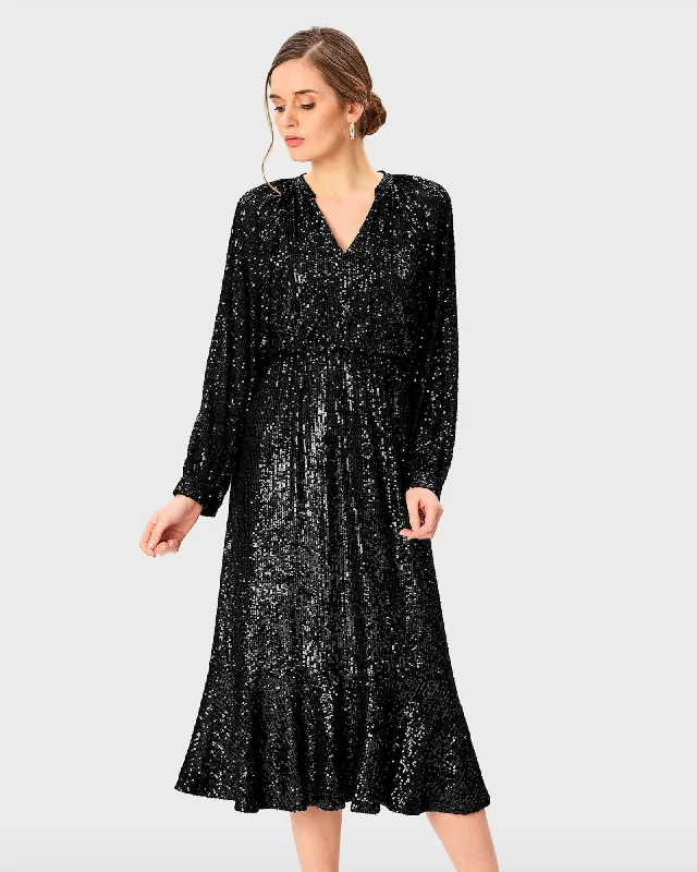 Amazing Deals Sequin Mesh Ruffle Flounce Dress | Black