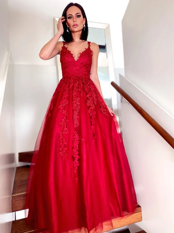 Friends and Family Sale A-Line/Princess Tulle V-neck Floor-Length Applique Sleeveless Dresses Friends and Family Sale A-Line/Princess Tulle V-neck Floor-Length Applique Sleeveless Dresses