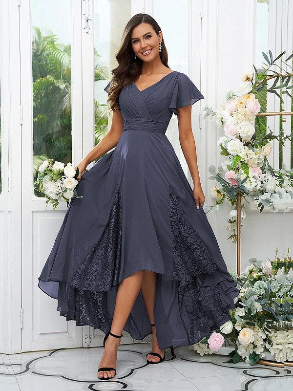Steals and Deals A-Line/Princess Chiffon Lace V-neck Short Sleeves Asymmetrical Bridesmaid Dresses