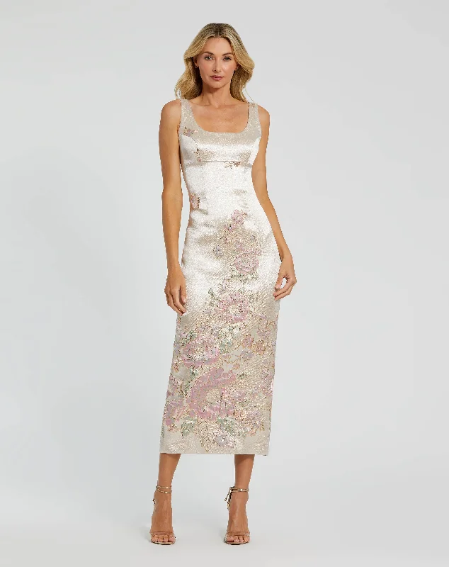 Super Sale Slim Strap Scoop Neck Bustier Brocade Midi Dress