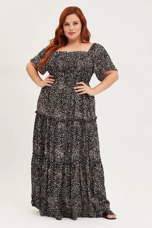 Special Price Animal Print Maxi Dress Square Neck Short Sleeve