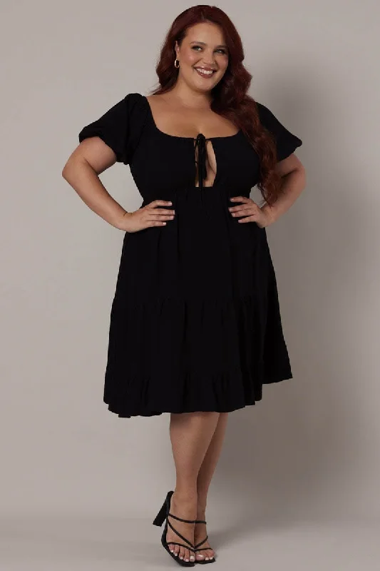 Super Sale Black Mini Dress Linen Blend Puff Sleeve Sweetheart Neck