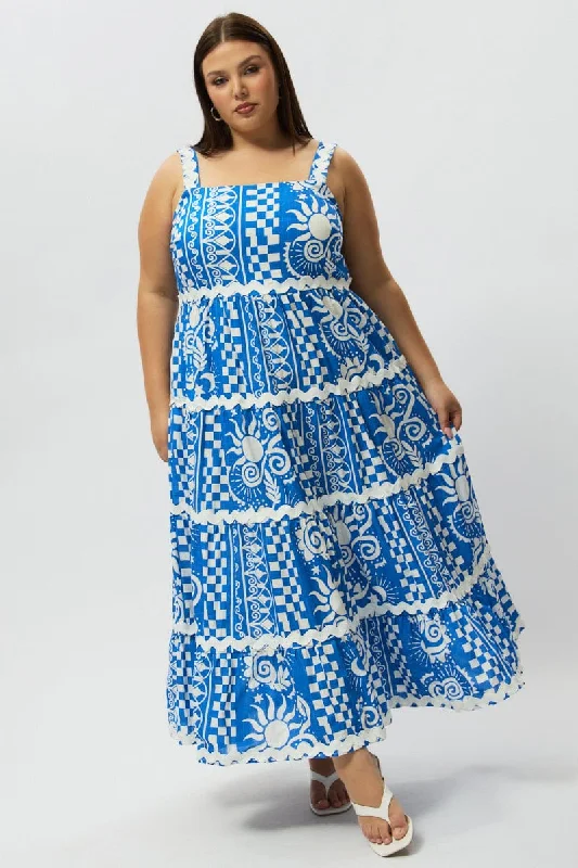 The Best Prices Blue Abstract Midi Dress Sleeveless Tiered Ric Rac Linen Blend