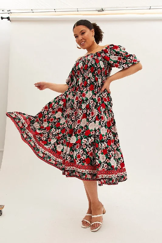 Final Sale Multi Boho Midi Dress Off Shoulder Tie Back