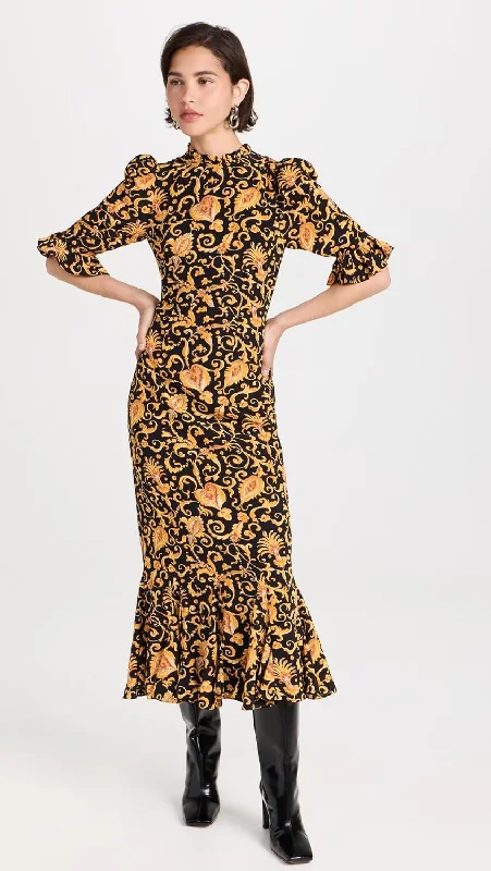 Act Now Rhode Women's Felix Dress, Baroque Heart, Floral, Puff Sleeves Gold Midi Dress Act Now Rhode Women's Felix Dress, Baroque Heart, Floral, Puff Sleeves Gold Midi Dress