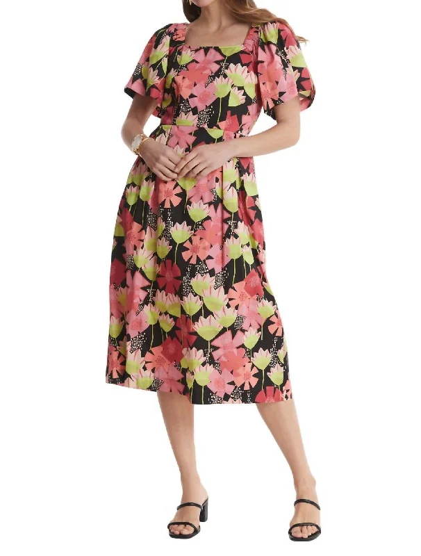 Final Markdown Britt Floral Tie Back Midi Dress In Black Multi