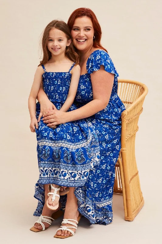 Closeout Blue Boho Midi Dress Sort Sleeve Ruffle