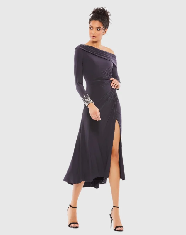 Bargain Blast Dark Purple Foldover Long Sleeve Jeweled Midi Dress