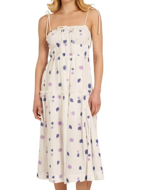 Quick Sale Spaghetti Strap Midi Dress With Embroidered Flower Detail In White/navy/lavender