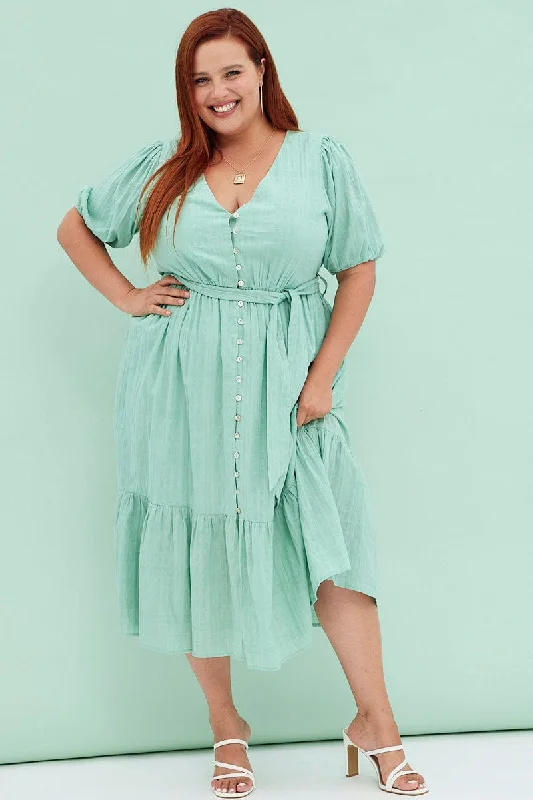 Reduced Prices Green Sage Short Sleeve Textured Button Midi Dress