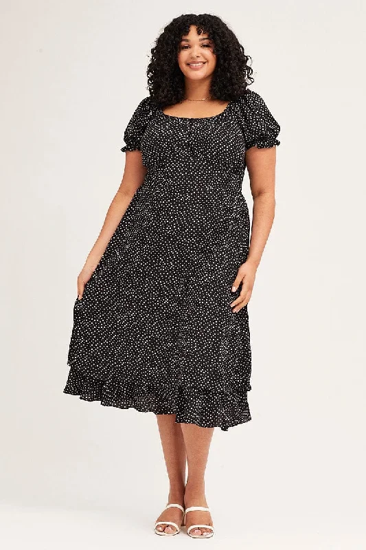 Massive Deals Polka Dot Short Sleeve Tie Back Midi Dress