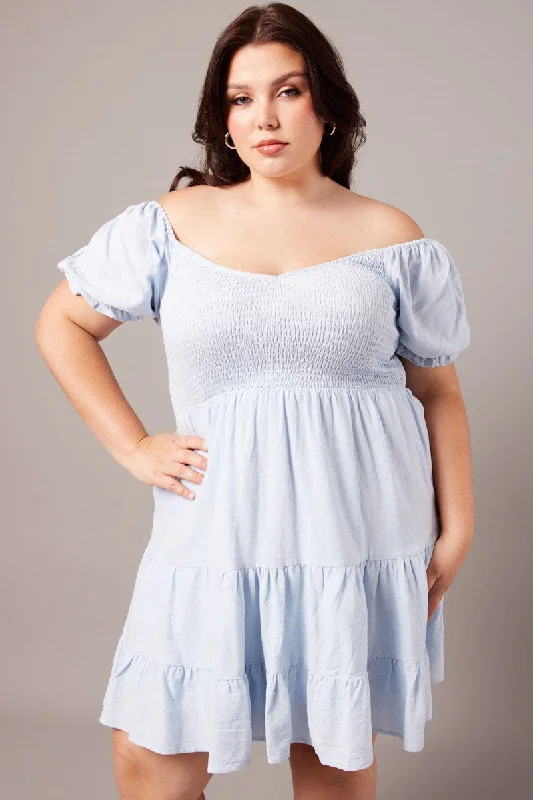 Value Deals Blue Cotton Shirred Bodice Minidress