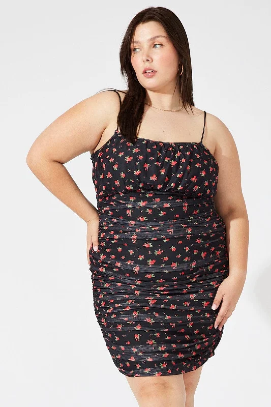 Bargain Prices Red Ditsy Mesh Ruched Dress