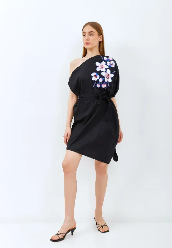 Price Drop CHERRY BLOSSOM Embroidery Black Toga Dress