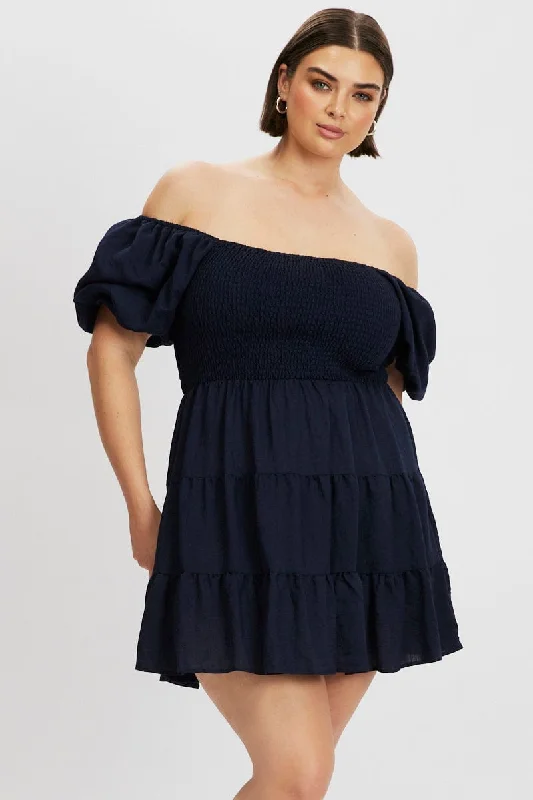 Loyalty Reward Blue Puff Sleeve Mini Shirred Dress