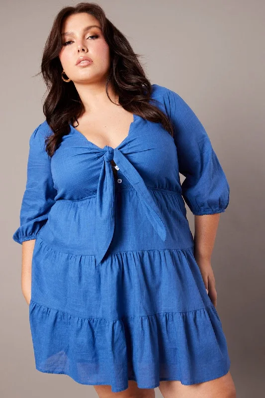 Special Offer Blue Tie Front Texture Minidress