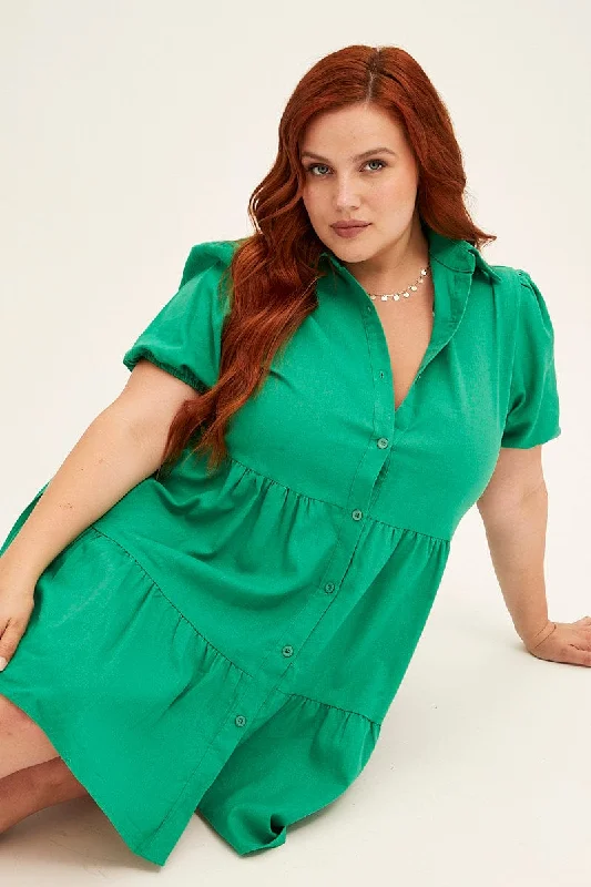 Discount Mania Green Shirt Dress Puff Sleeve Button