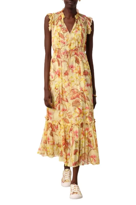 Early Access Matchmaker Flutter Midi Dress In Yellow Hibiscus