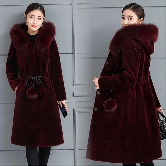 Factory Direct Sale LUGENTOLO Women's Fine Fashion Elegant Burgundy Red Faux Fur Coat Jacket With Hoody & Tassel Pom-Pom Factory Direct Sale LUGENTOLO Women's Fine Fashion Elegant Burgundy Red Faux Fur Coat Jacket With Hoody & Tassel Pom-Pom