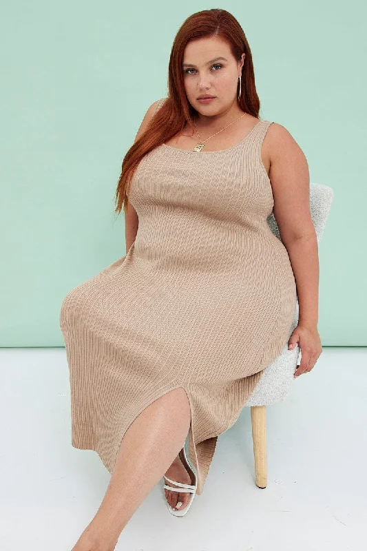 Closeout Beige Knit Dress Sleeveless Split Front Rib Midi