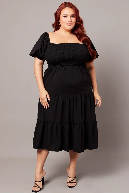 Extra Discounts Black Midi Dress Short Sleeve Shirred