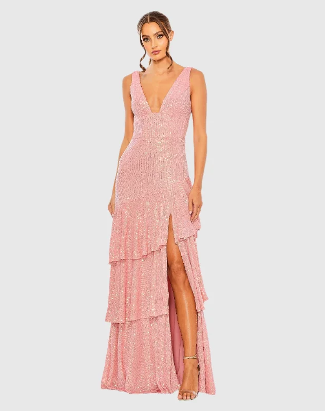 Flash Deals Pink Sequin Asymmetrical Ruffle Tiered Gown