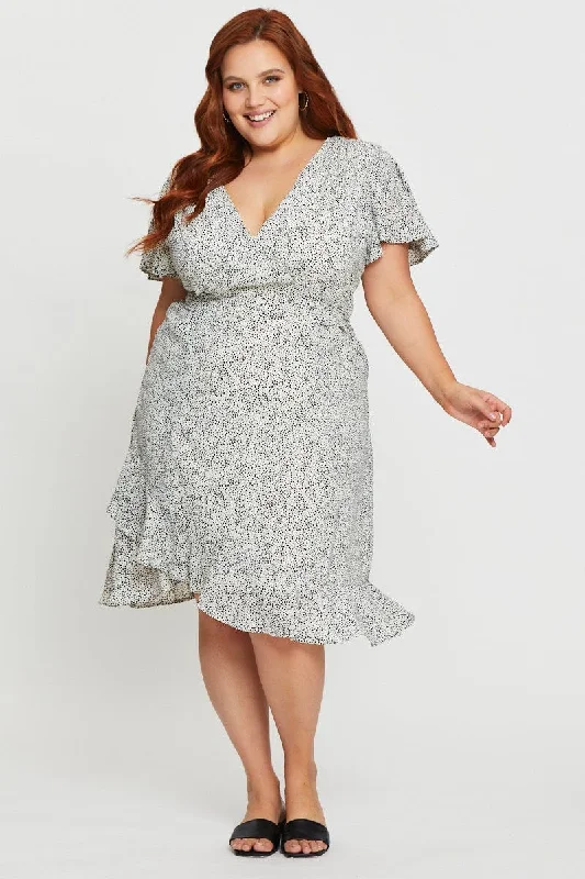 Members Only Geo Print Midi Dress V-neck Short Sleeve