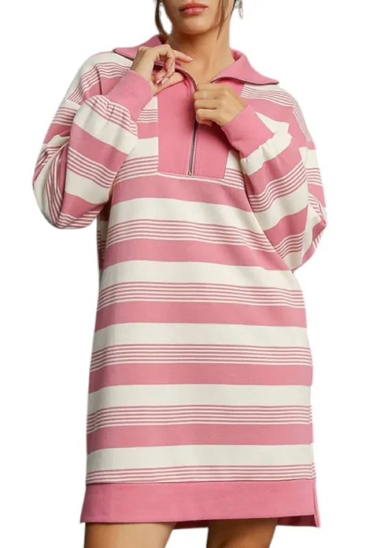 Discount Extravaganza Striped Half-Zip Knit Dress In Pink/white