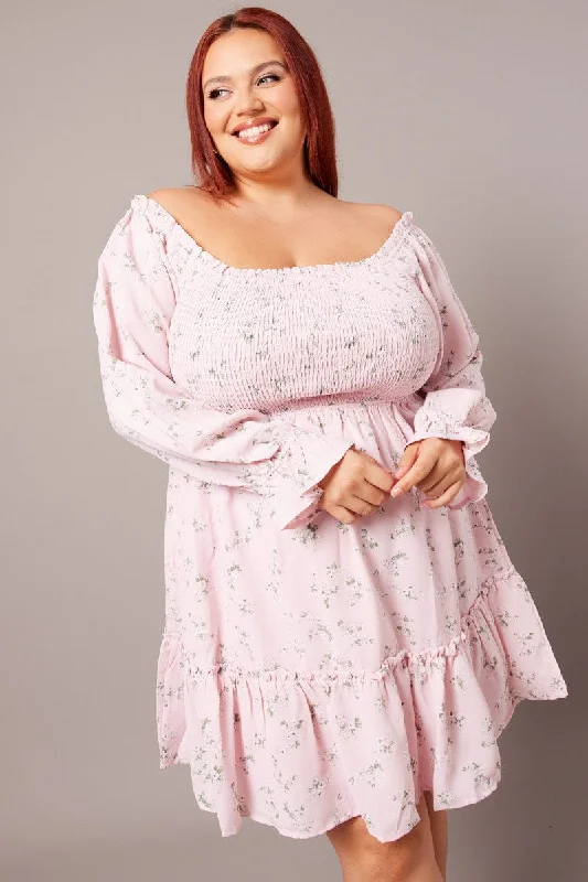 YEAR-End Sale Pink Floral Shirred Bodice Mini Dress