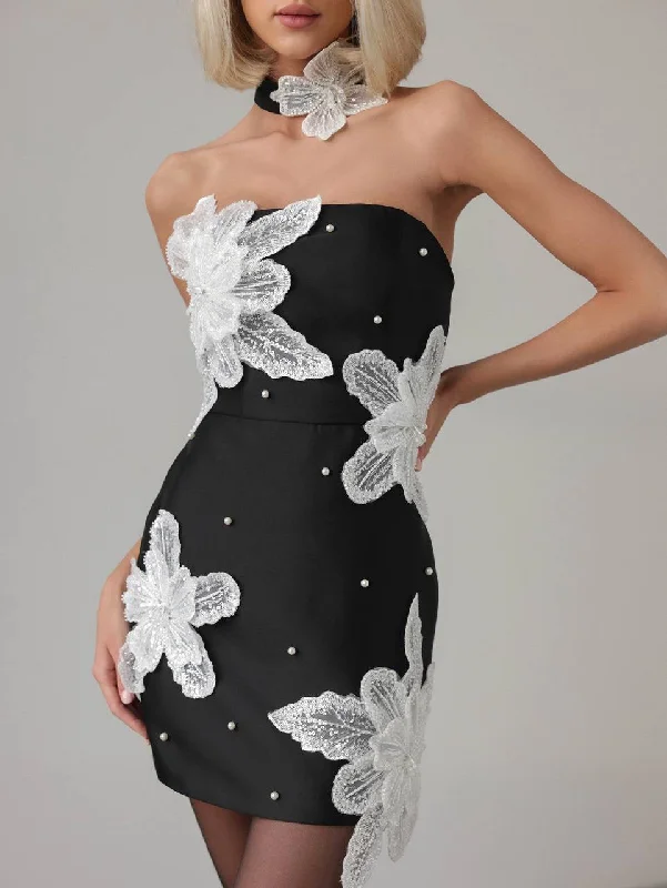 Special Discount Black Mini Dress with Floral Embellishments