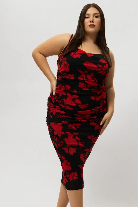 Amazing Deals Red Abstract Cowl Shoestring Strap Stretch Dress