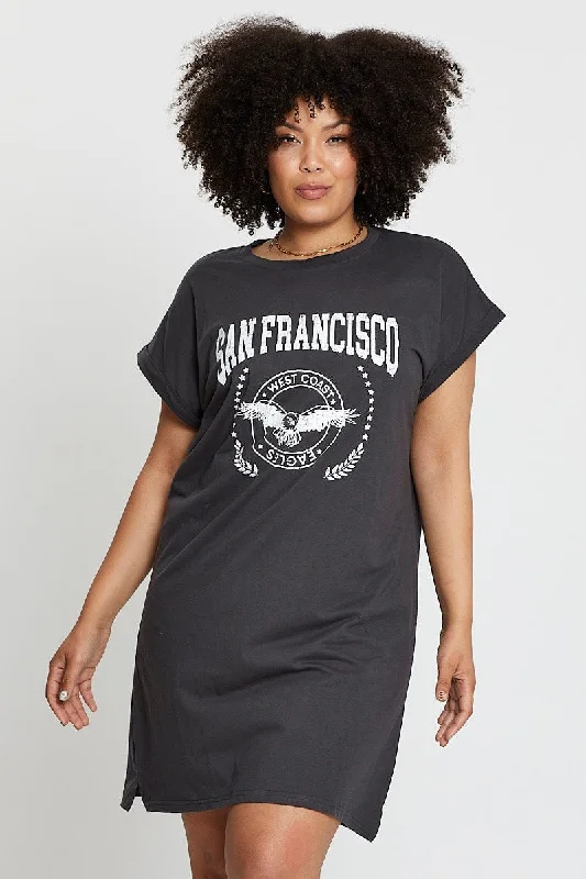 Seasonal Sale Grey Short Sleeve Graphic T-shirt Dress