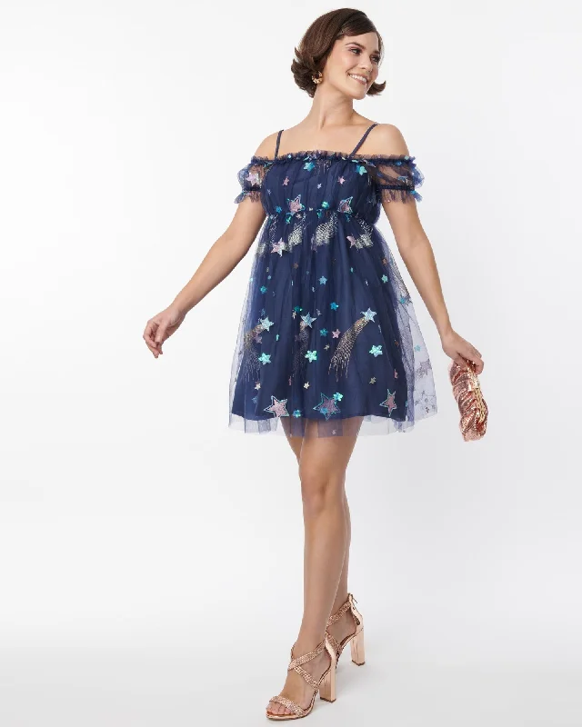 Clearance Sale Smak Parlour Navy Glitter Off the Shoulder Babydoll Dress | Blue