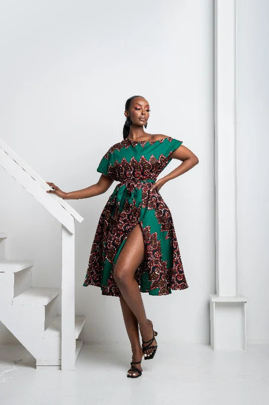 Stock Clearance TOPE African Print One-shoulder Midi Dress