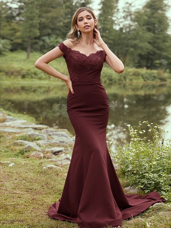 Referral Discount Sheath/Column Stretch Crepe Applique Off-the-Shoulder Sleeveless Sweep/Brush Train Bridesmaid Dresses Referral Discount Sheath/Column Stretch Crepe Applique Off-the-Shoulder Sleeveless Sweep/Brush Train Bridesmaid Dresses