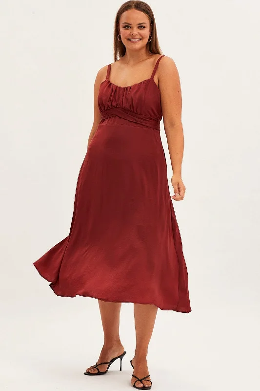 Limited Time Red Midi Dress Shoestring Strap Tie Back Satin