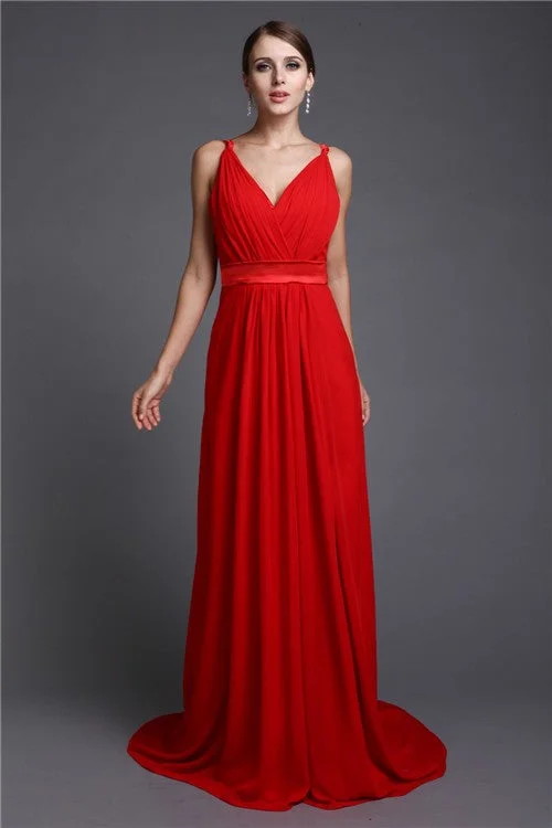 Referral Discount A-Line/Princess V-neck Sleeveless Long Ruffles Chiffon Bridesmaid Dresses