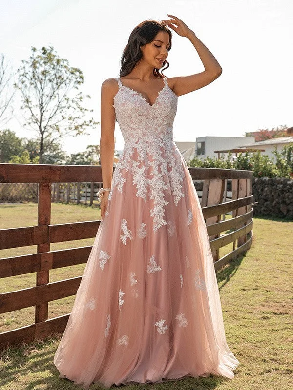 Can't Miss A-Line/Princess Tulle Applique V-neck Sleeveless Floor-Length Dresses