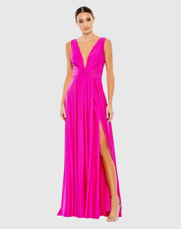 Savings Event Pink Jersey Plunge Neck Evening Gown