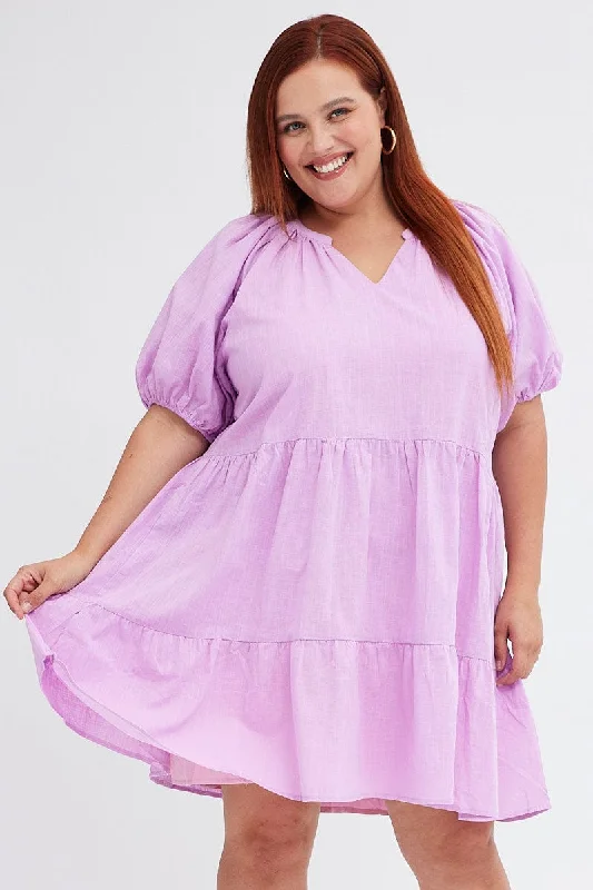 Bargain Prices Purple Mini Dress Easy Shirt Collar Half Sleeve
