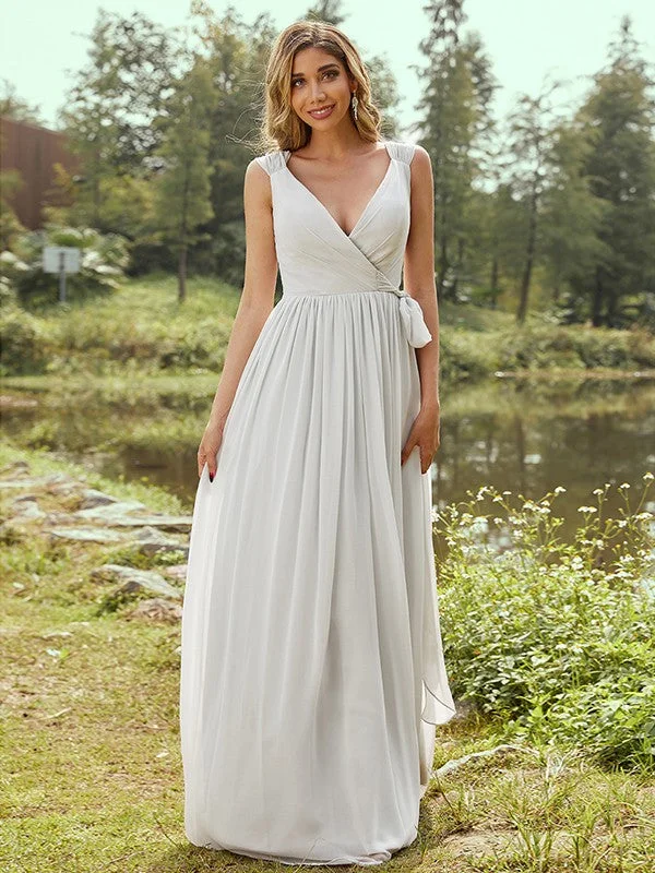 Midnight Madness A-Line/Princess Chiffon Ruffles V-neck Sleeveless Floor-Length Bridesmaid Dresses