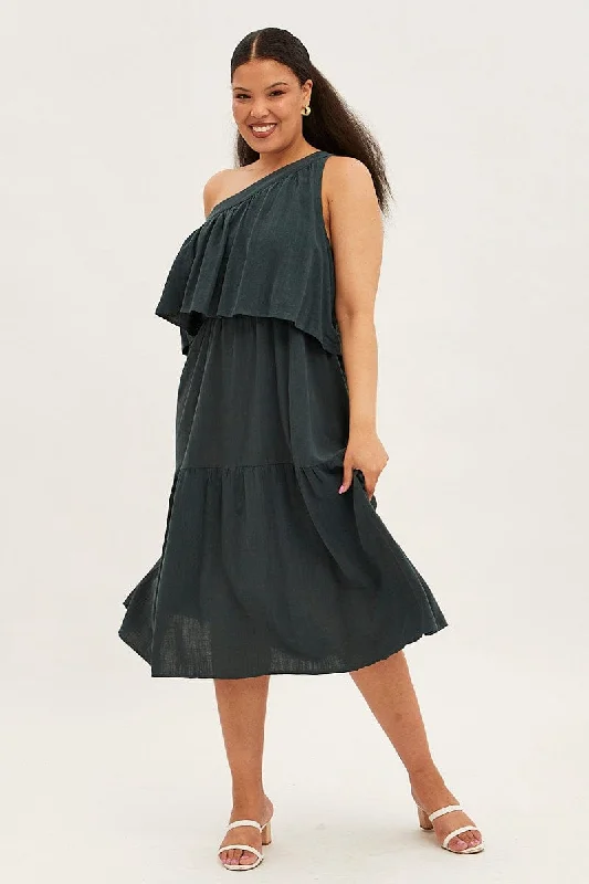 Year-End Sale Green Midi Dress One Shoulder Frill Linen Blend